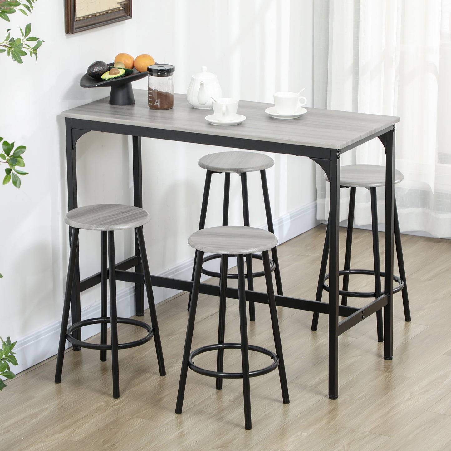 HOMCOM Bargarnitur, 5-teilig, Tisch & 4 Hocker, Industrie-Design, kompakt, rustikal