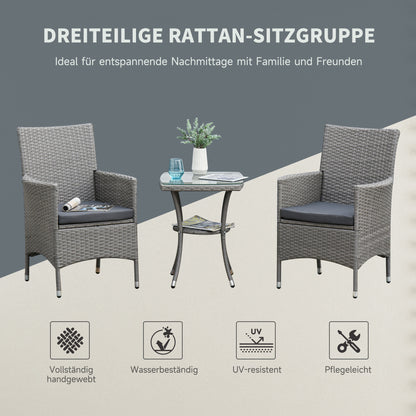 Outsunny Polyrattan Gartenmöbel Set, Outdoor Lounge Balkonmöbel für 2 Personen, 3-teilig Sitzgruppe, 2 Stühle, Tisch Sitzkissen, Gartenlounge für Garten, Terrasse, Balkon, Grau