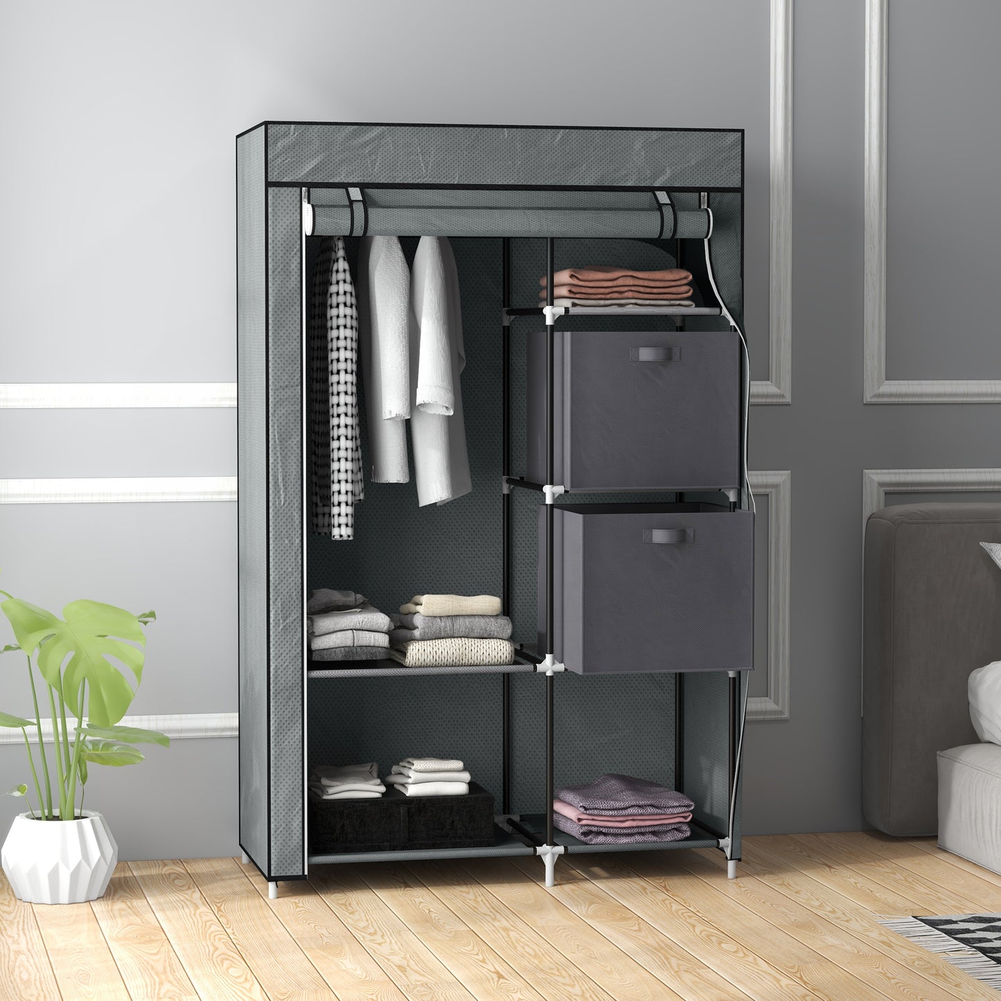 HOMCOM Stoffschrank Kleiderschrank faltbarer Schrank, 1 Kleiderstange, 6 Regalböden, 102 x 42.5 x 162.5 cm, Grau