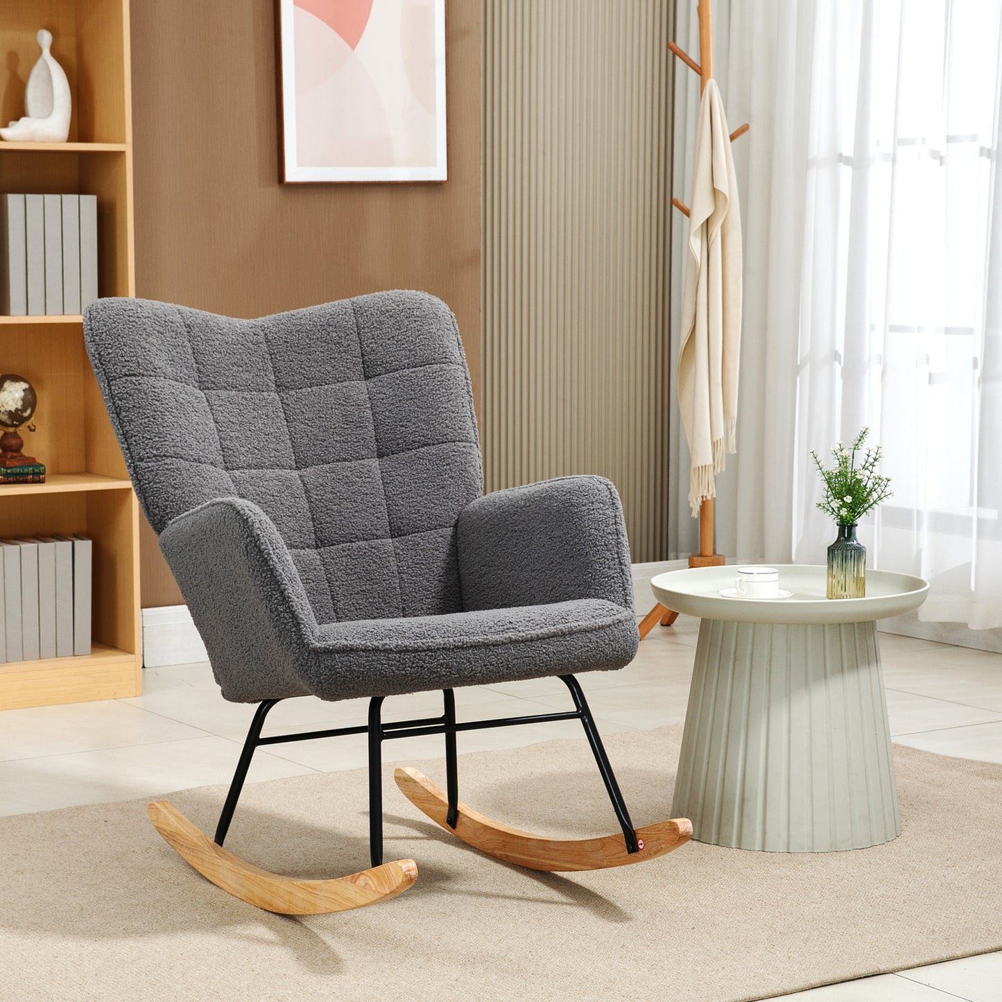 HOMCOM Schaukelstuhl im Retro-Design, Massivholz, Sessel, Relaxsessel, 98 cm x 71 cm x 101 cm, Dunkelgrau