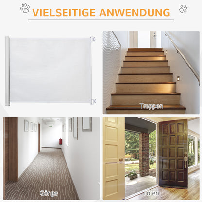 PawHut Treppenschutzgitter 115 cm Hunde Türschutzgitter Treppenschutz Sicherheitstrennwand Trennwand Türschutz ausziehbar treppenschutzrollo Rollo Einrollbar kunststoff Weiß