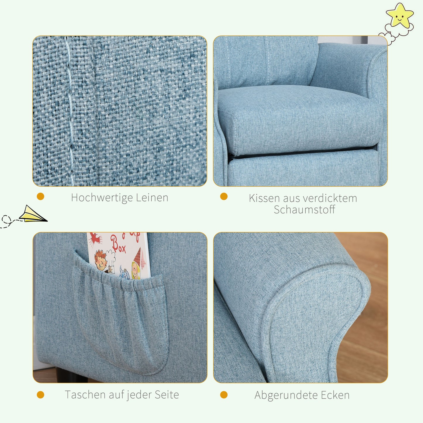 HOMCOM Kindersofa Kindercouch Kindersessel Stuhl Liegesofa verstellbar mit Fußstütze für 3-5 Jahre Jungen und Mädchen Blue 58 x 53 x 70 سم