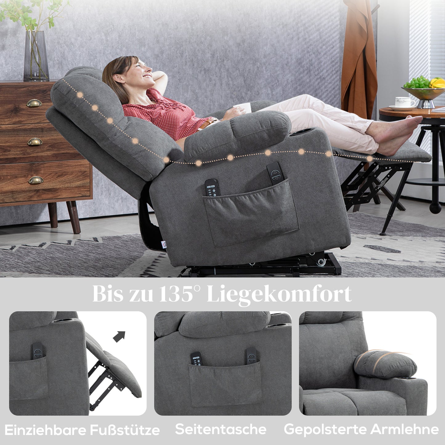 HOMCOM Aufstehhilfe Seniorensessel, Liegefunktion, inkl. Fernbedienung, 144 cm x 91 cm x 88 cm, Grau