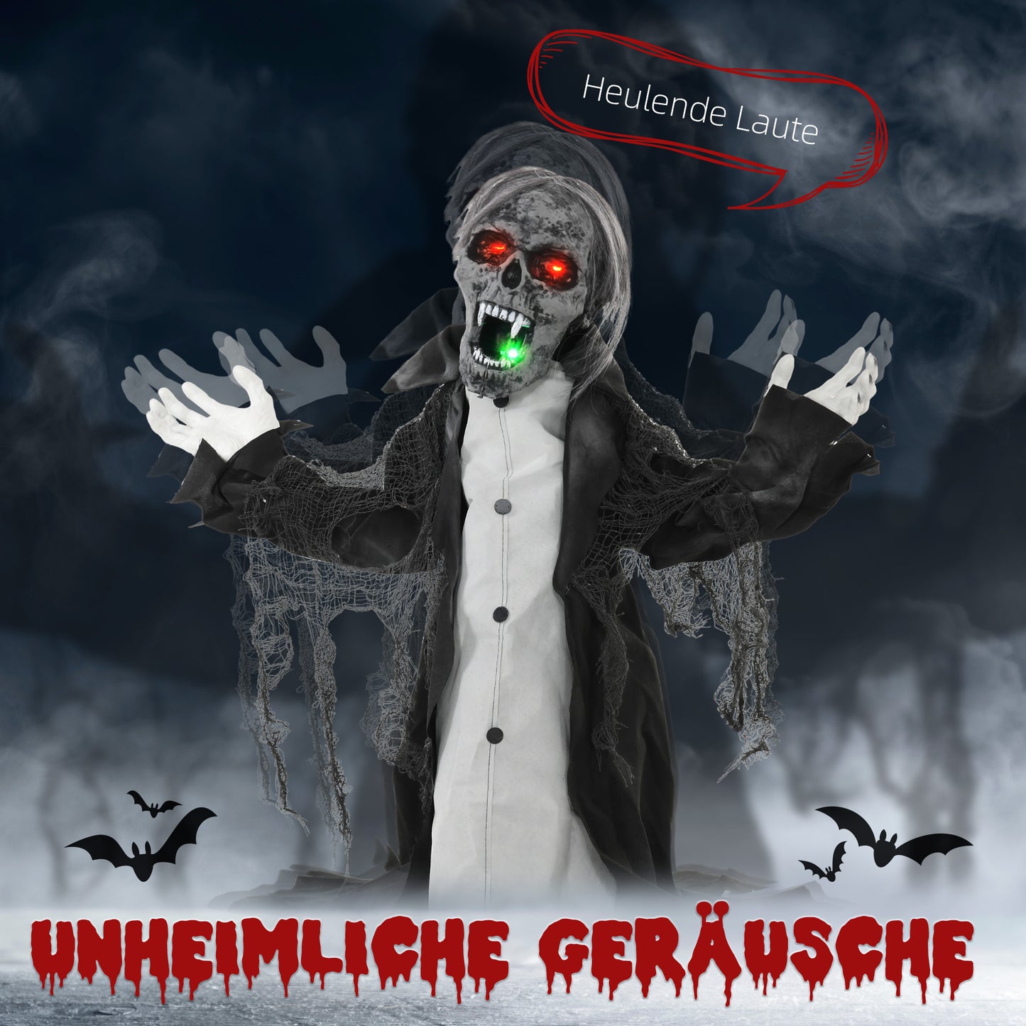 HOMCOM Halloweendeko, Skelett/Zombie, beweglich, Bewegungssensor, LEDs & Sounds, 75 cm