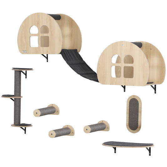 PawHut Kletterwand Katzen 7-teilig Katzen Kletterwand Set mit Sisalpfostenleiter, Plattform Kratzbaum Grau