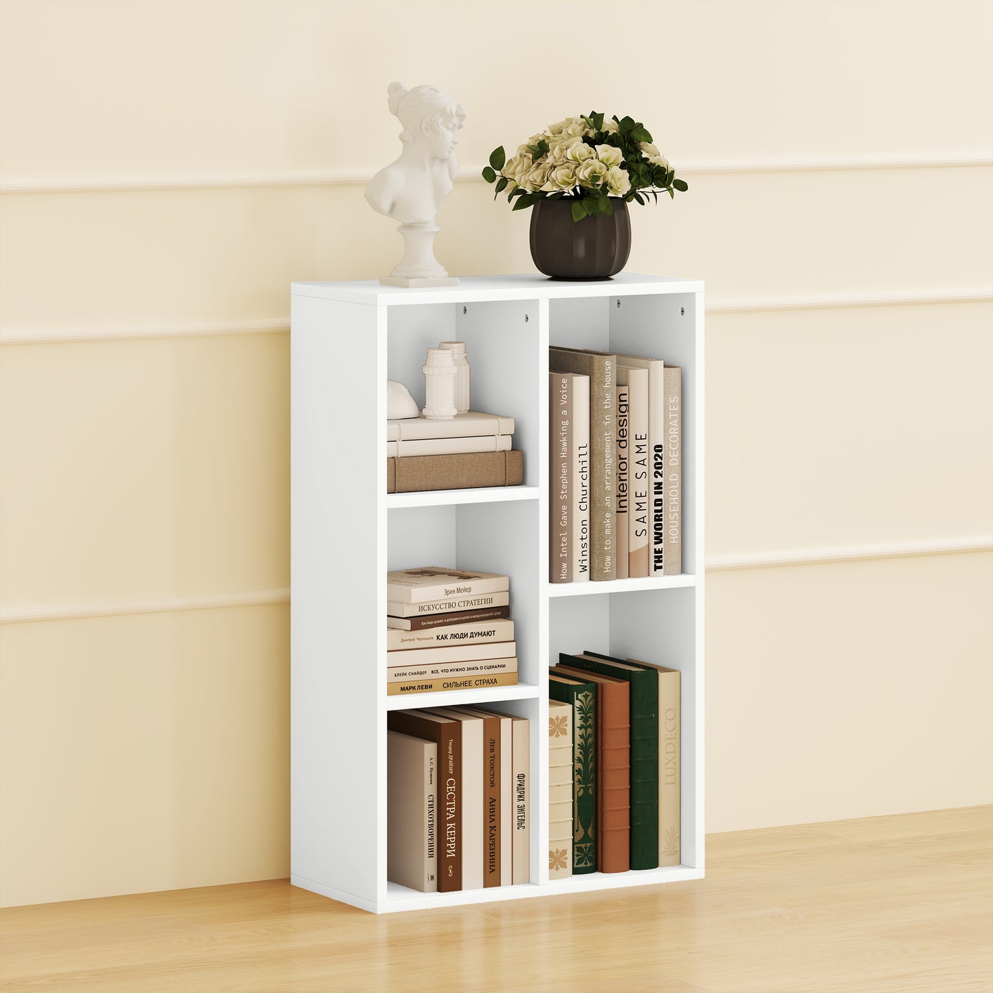 HOMCOM 2-Ebenen-Bücherregal, 5 Fächer, Spanplatte, Aufbewahrungsregal, Weiß