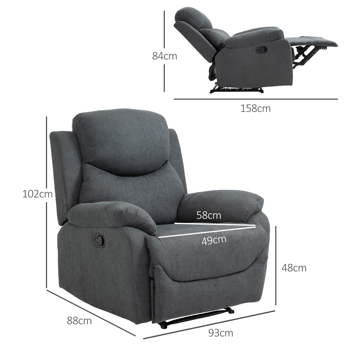 HOMCOM Sessel mit Liegefunktion für Wohnzimmer, 150° neigbar, Leinenoptik, Dunkelgrau