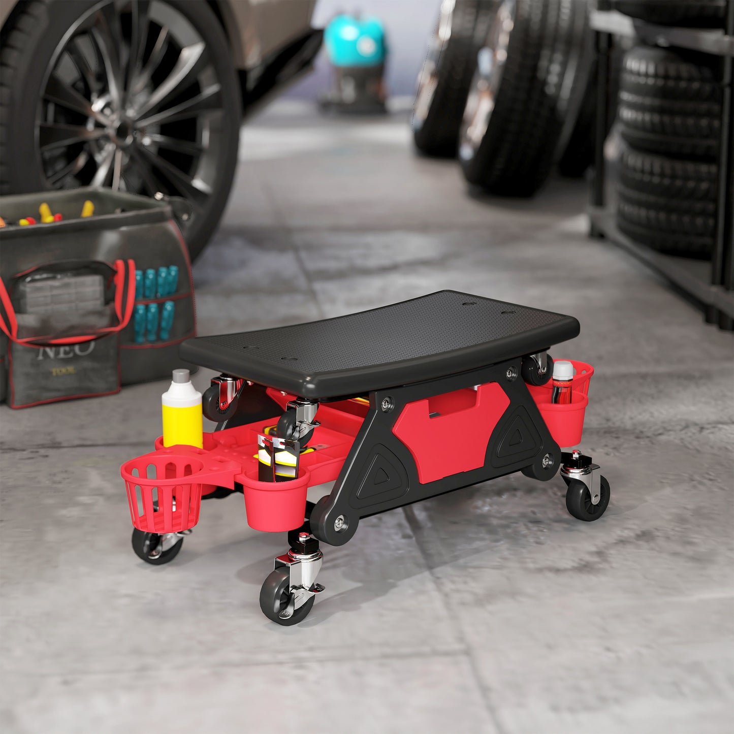 HOMCOM Werkstatthocker mit Rollen abnehmbar Sitz, Ablagefläche, 33cm hoch Rollhocker bis 135 kg belastbar Rot