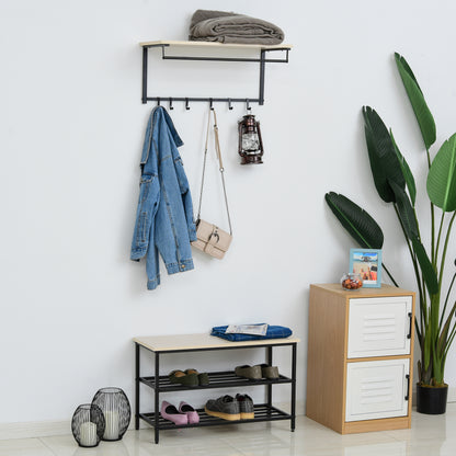 HOMCOM 2-in-1 Garderobenset Flurgaderobe mit Sitzbank Wandgarderobe für Eingangsbereich، 6 Haken، Natur+Schwarz، 75 × 30 × 45 سم (Sitzbank)