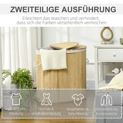 HOMCOM Wäschekorb 100L mit herausnehmbaren Wäschebank 62,5 cm x 37 cm x 60,5 cm Natur + Weiß
