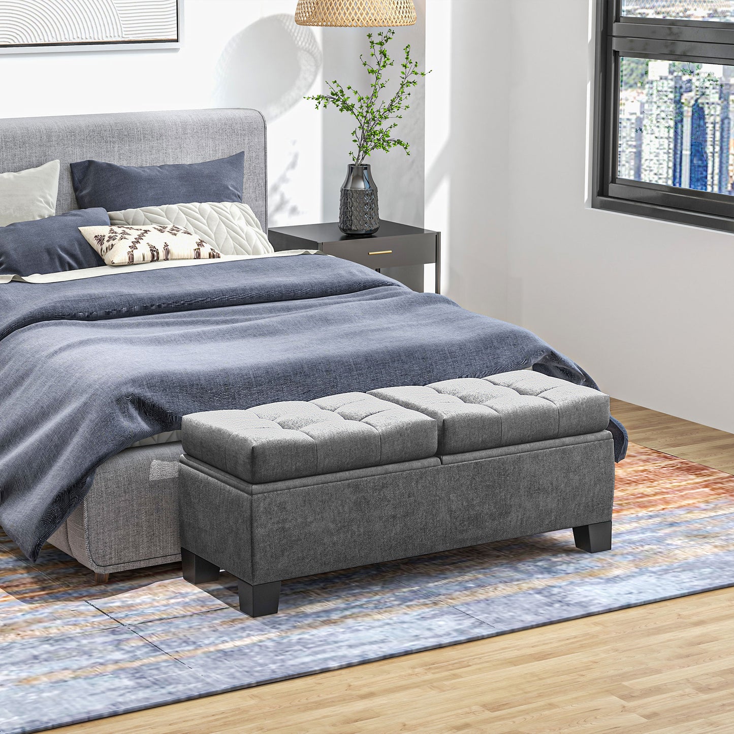 HOMCOM Sitzbank mit Stauraum, Polsterbank mit Leinenoptik, Gepolsterte Aufbewahrungsbox bis 180kg belastbar, für Flur, Schlafzimmer, Wohnzimmer, 116x41x47 cm, Grau