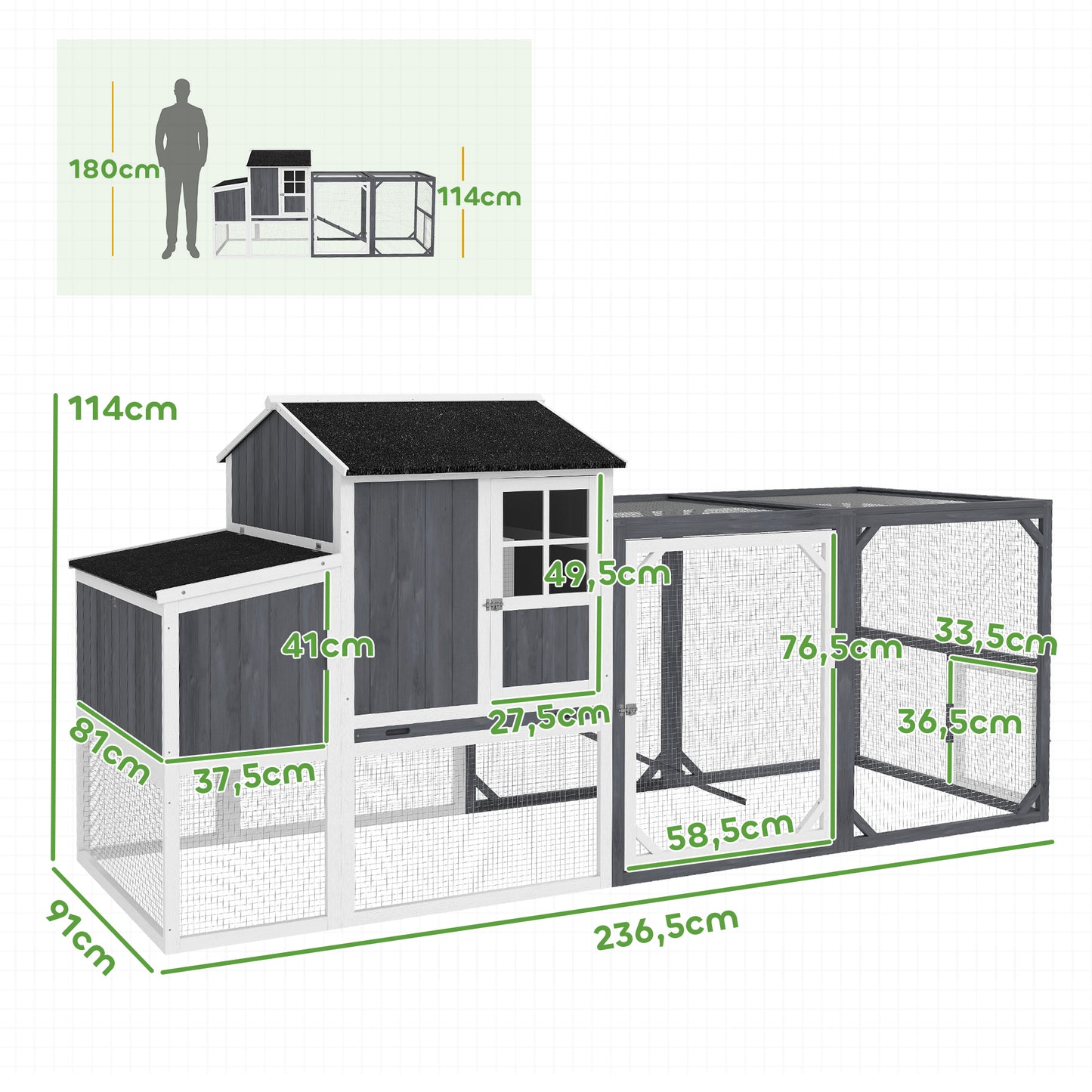 PawHut Hühnerstall mit Auslauf für 3-4 Hühner, 3-tlg. Nistkasten, 1,9 m² Fläche, Tannenholz, Grau