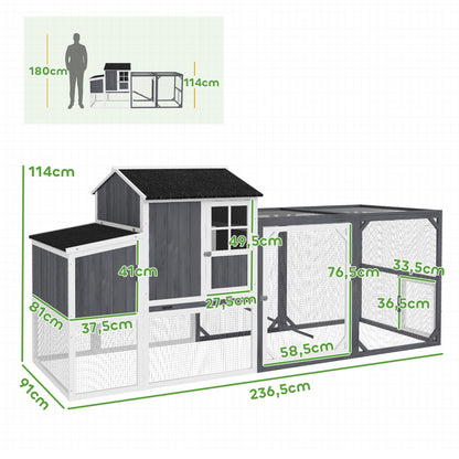 PawHut Hühnerstall mit Auslauf für 3-4 Hühner, 3-tlg. Nistkasten, 1,9 m² Fläche, Tannenholz, Grau