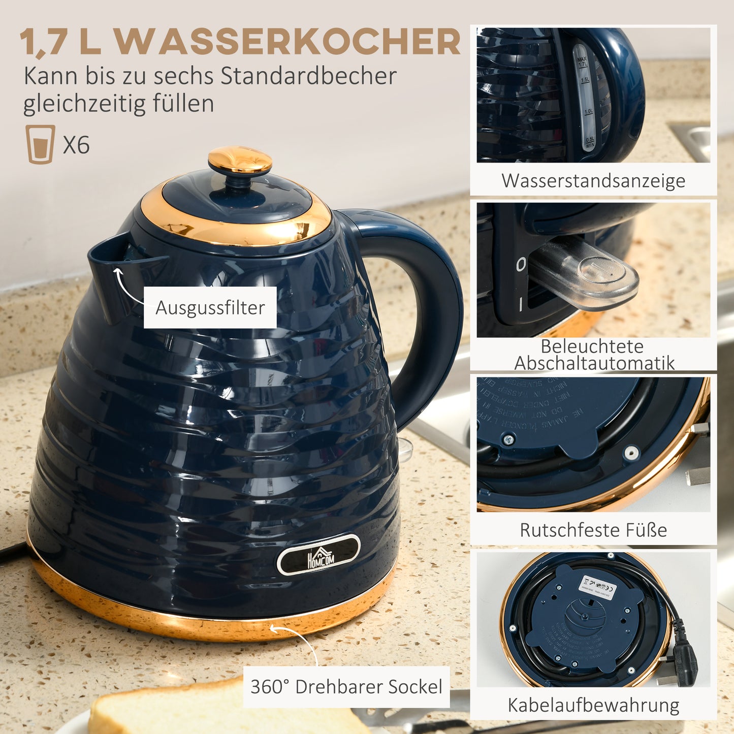 HOMCOM 2-in-1 Toaster- und Wasserkocher-Set, 7 Bräunungsstufen, Auftau- und Aufwärmfunktion, Blau