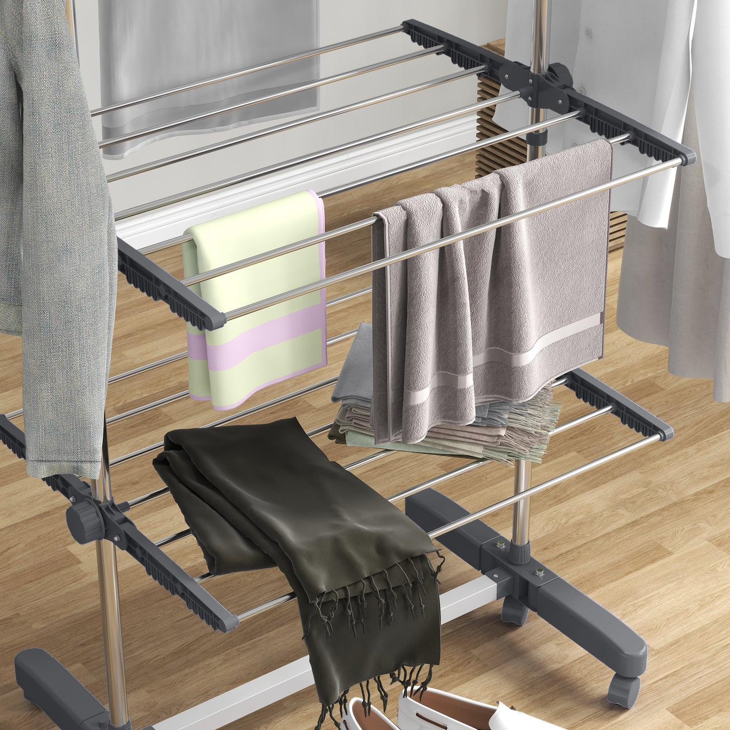 HOMCOM Wäschenständer Wäschetrockner 5 Ebenen، klappbar، نظام بنقرة واحدة، 142 سم × 55 سم × 1 72 سم، Grau + Silber