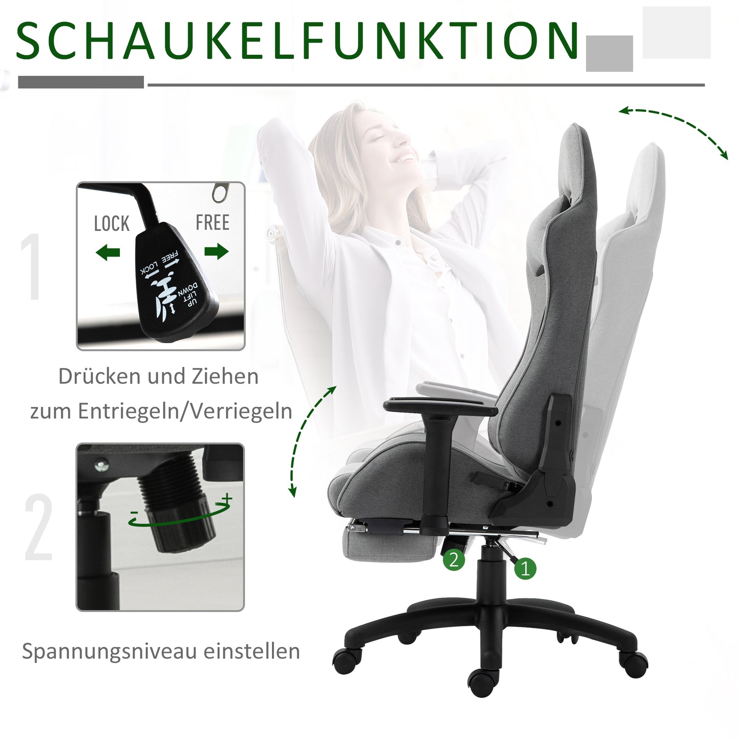 Vinsetto Bürostuhl Computerstuhl Drehstuhl mit abnehmbarem Kopf- und Lendenkissen Wippenfunktion ergonomischer Schreibtischstuhl drehbar höhenverstellbar mit Fußstütze PP Grau 73x57x127-135 cm