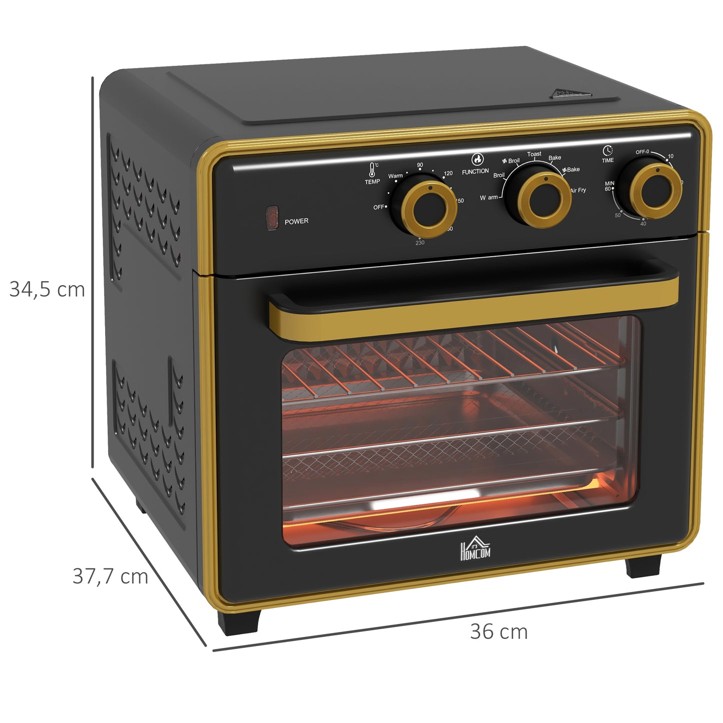 HOMCOM Mini-Backofen, 20 Liter, ölfreies Frittieren, Grillen, Backen, Umluft, 90-230° C, Timer, 1400W, schwarz+gold