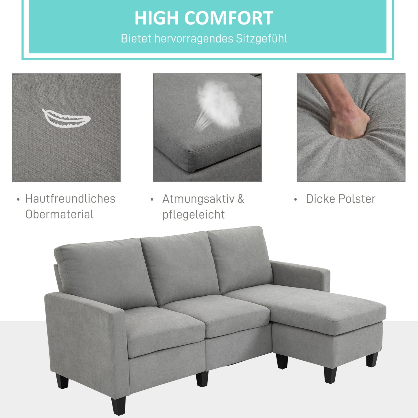 HOMCOM Ecksofa mit Schlaffunktion, 3-Sitzer-Sofa mit Bettkasten und Kissen, Eckcouch, L-Form Couch, Stoffbezug, Grau