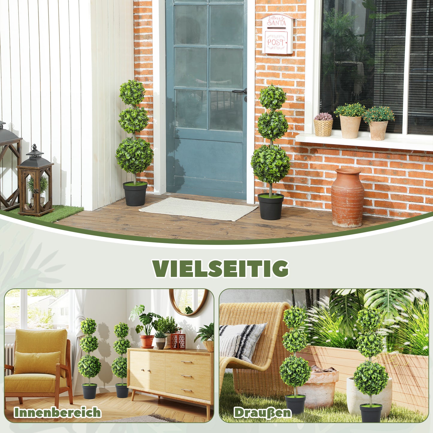 HOMCOM Kunstpflanzen im Topf, Kunststoff-Blätter, beflockte Erde, Grün