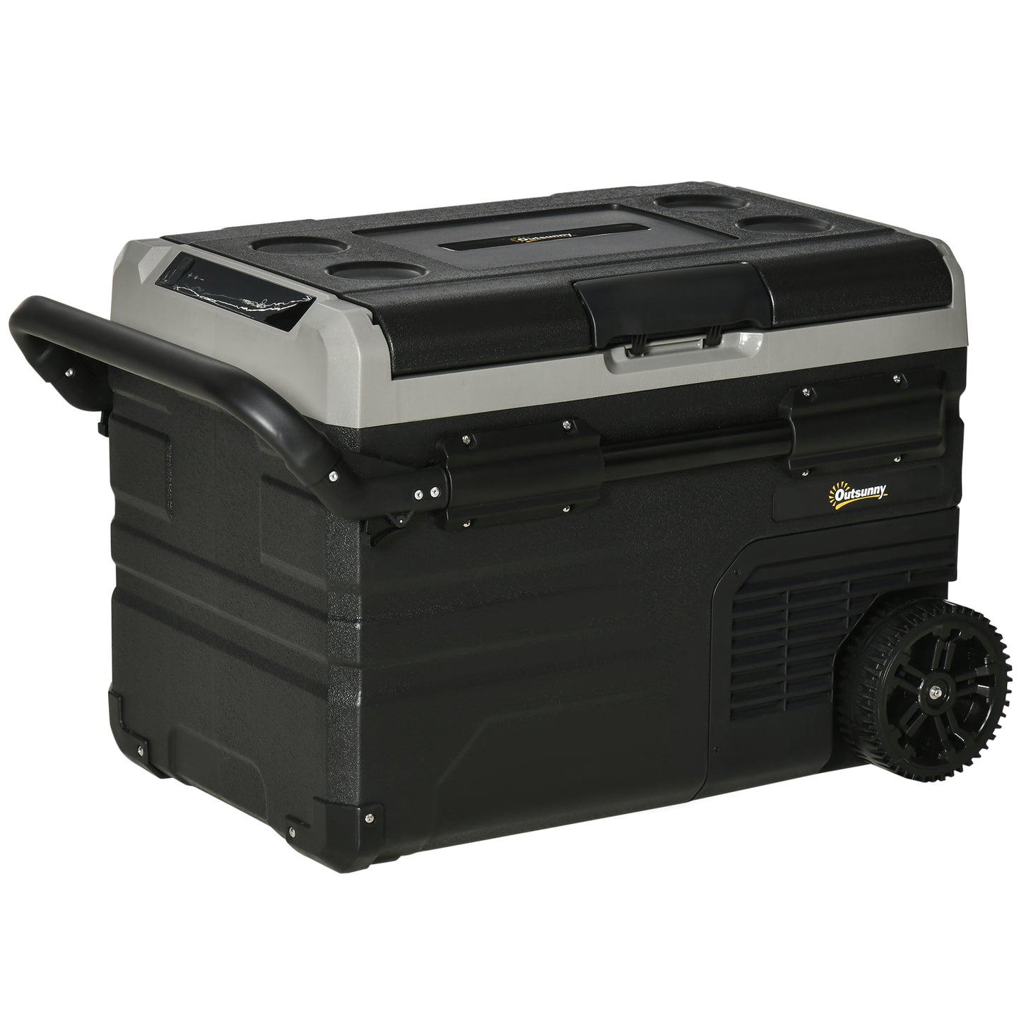 Outsunny Kühlbox Auto 40L mit LED-Beleuchtung Kompressor Autokühlschrank mit Griffe Transportrollen Boot Camper Reisen 12/24V DC und 110-240V AC Grau+Schwarz