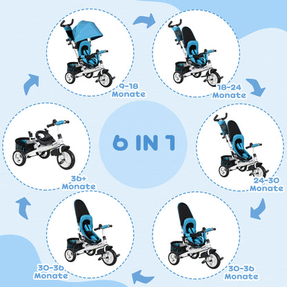 HOMCOM Kinder-Dreirad, Kinderfahrrad, Rückenkorb, Becherhalter, Sonnendach, Metall, Blau