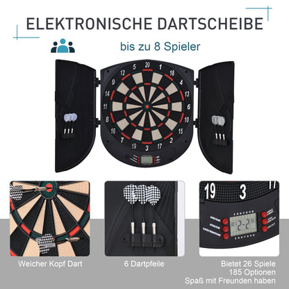 HOMCOM Elektronische Dartscheibe Dartboard mit Sprachansagen Englische Stimme LED-Anzeigen 6 Darts 26 Spiele 185 Varianten Dartautomat mit Tür Dartscheibe Set für bis zu 8 Spieler