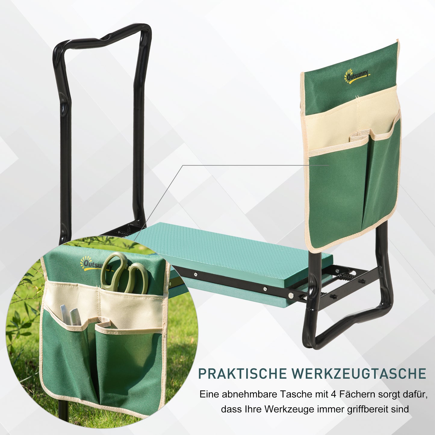 Outsunny Kniebank, Klappbarer Gartenhocker, 2-in-1, Kniehilfe, mit Werkzeugtasche, EVA-Schaumstoff, 58 x 28 x 49 cm