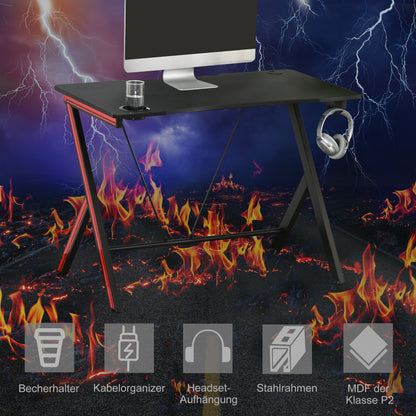 HOMCOM Gaming-Tisch Schreibtisch mit Kopfhörerhaken Getränkehalterung Computertisch Stahl + MDF Schwarz 105 x 55 x 75 cm