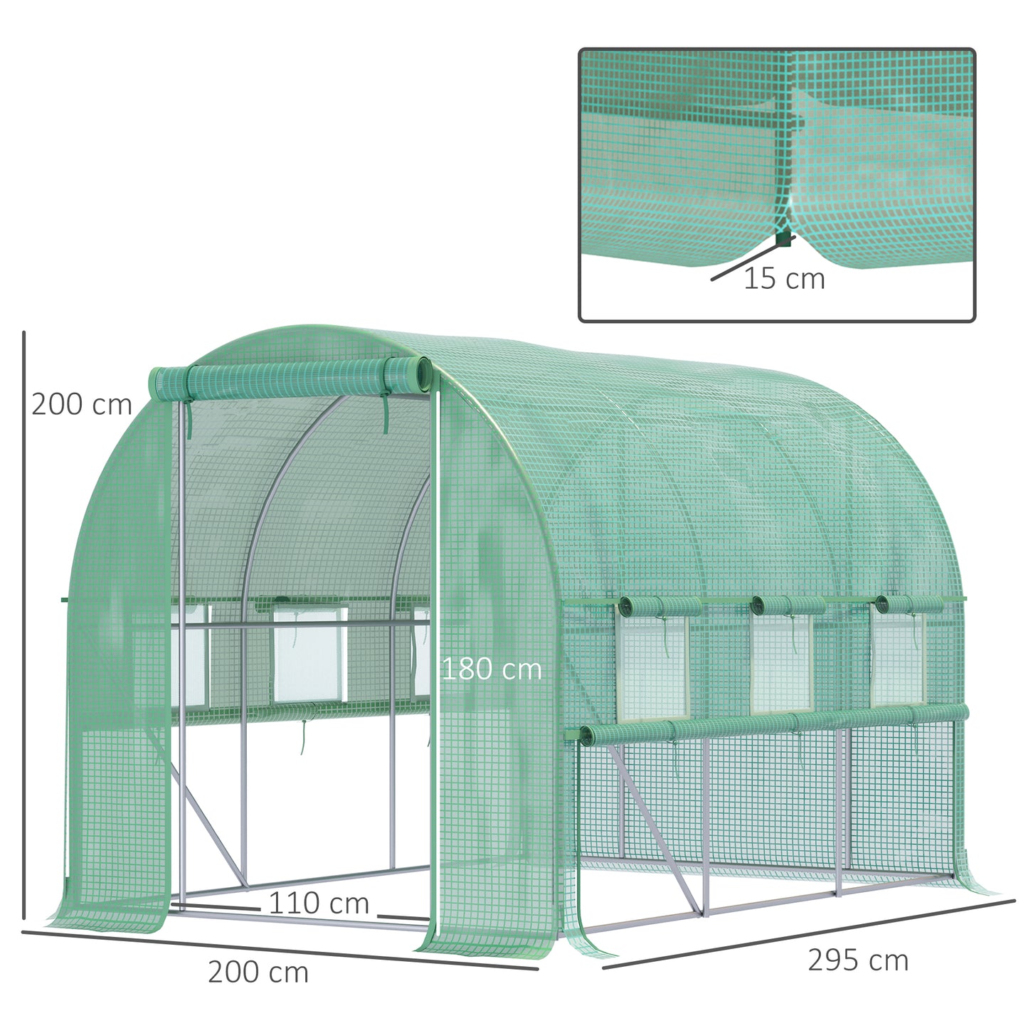 Outsunny Foliengewächshaus, 6 aufrollbare Fenster, Tür mit Reißverschluss, rostfreier Stahlrahmen, 2,95 x 2 x 2 m, Grün
