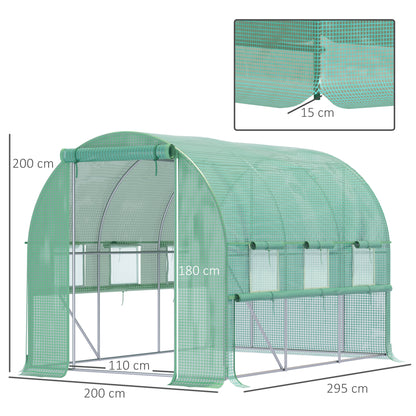 Outsunny Foliengewächshaus, 6 aufrollbare Fenster, Tür mit Reißverschluss, rostfreier Stahlrahmen, 2,95 x 2 x 2 m, Grün
