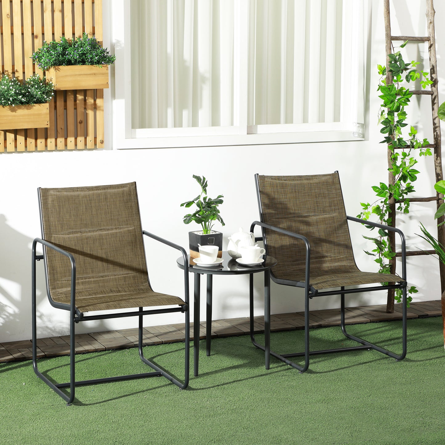 Outsunny Gartenstuhl, 2er-Set, atmungsaktiver Bezug, robuster Metallrahmen, 54x66,5x88cm, Schwarz/Braun