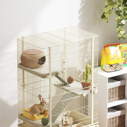 PawHut Kleintierkäfig, Haustierkäfig mit 4 Ebenen, Futterschale, Wasserflasche, 88 x 48 x 150,5 cm, Beige