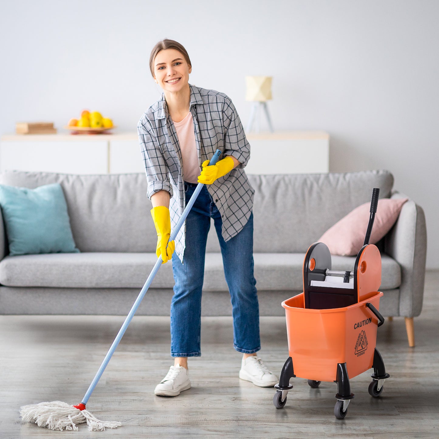 HOMCOM Rollbarer Reinigungseimer, Moppeimer, Mopp-Presse, 26 L, Kunststoff, Orange