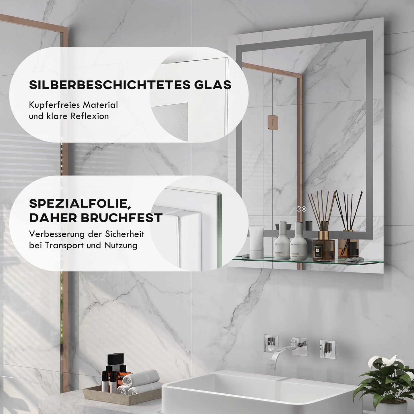 kleankin Badezimmerspiegel mit LED-Beleuchtung, 3 Lichtfarben, Antibeschlag-Funktion, verkabelt, 70 x 50 cm