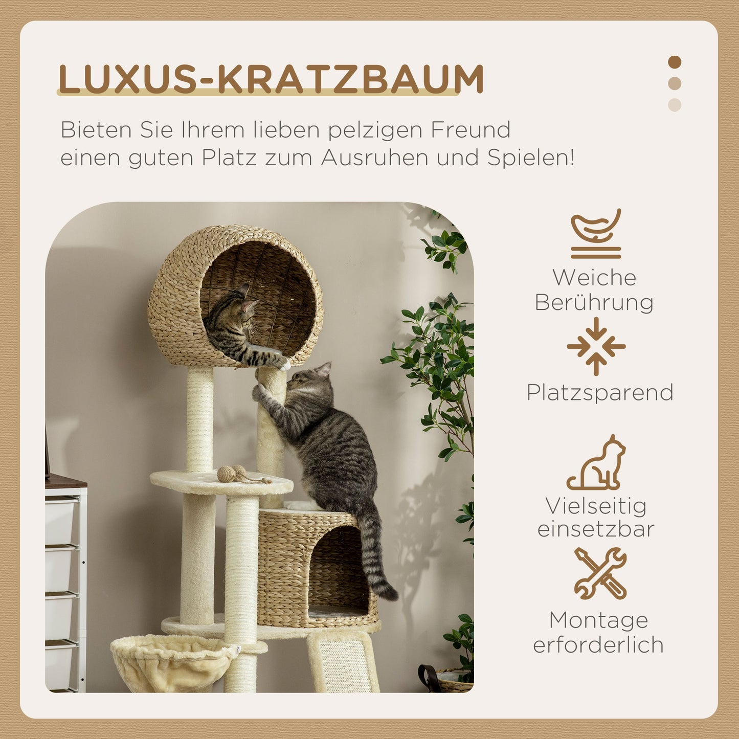 PawHut Kratzbaum, mit Katzenhaus, mehrere Plattformen, Hängematte, Kratzmatte, Kippschutz, beige, 60 x 60 x 150cm
