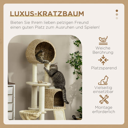 PawHut Kratzbaum, mit Katzenhaus, mehrere Plattformen, Hängematte, Kratzmatte, Kippschutz, beige, 60 x 60 x 150cm