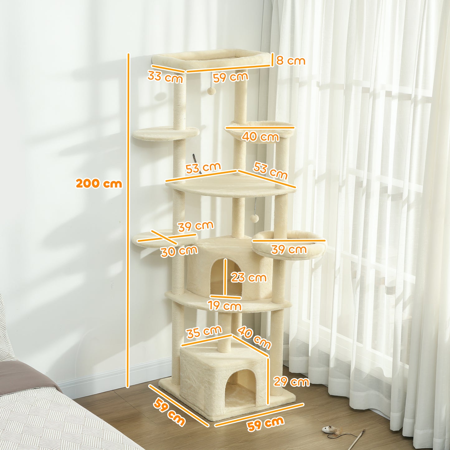 PawHut 2 Meter hoher Kratzbaum für 2-3 Katzen, Kratzpfosten, Höhlen, Hängematte, Verstecke, mehrstöckiges Design, Sisal, Holz, Plüsch, Beige