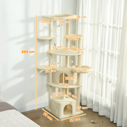 PawHut 2 Meter hoher Kratzbaum für 2-3 Katzen, Kratzpfosten, Höhlen, Hängematte, Verstecke, mehrstöckiges Design, Sisal, Holz, Plüsch, Beige