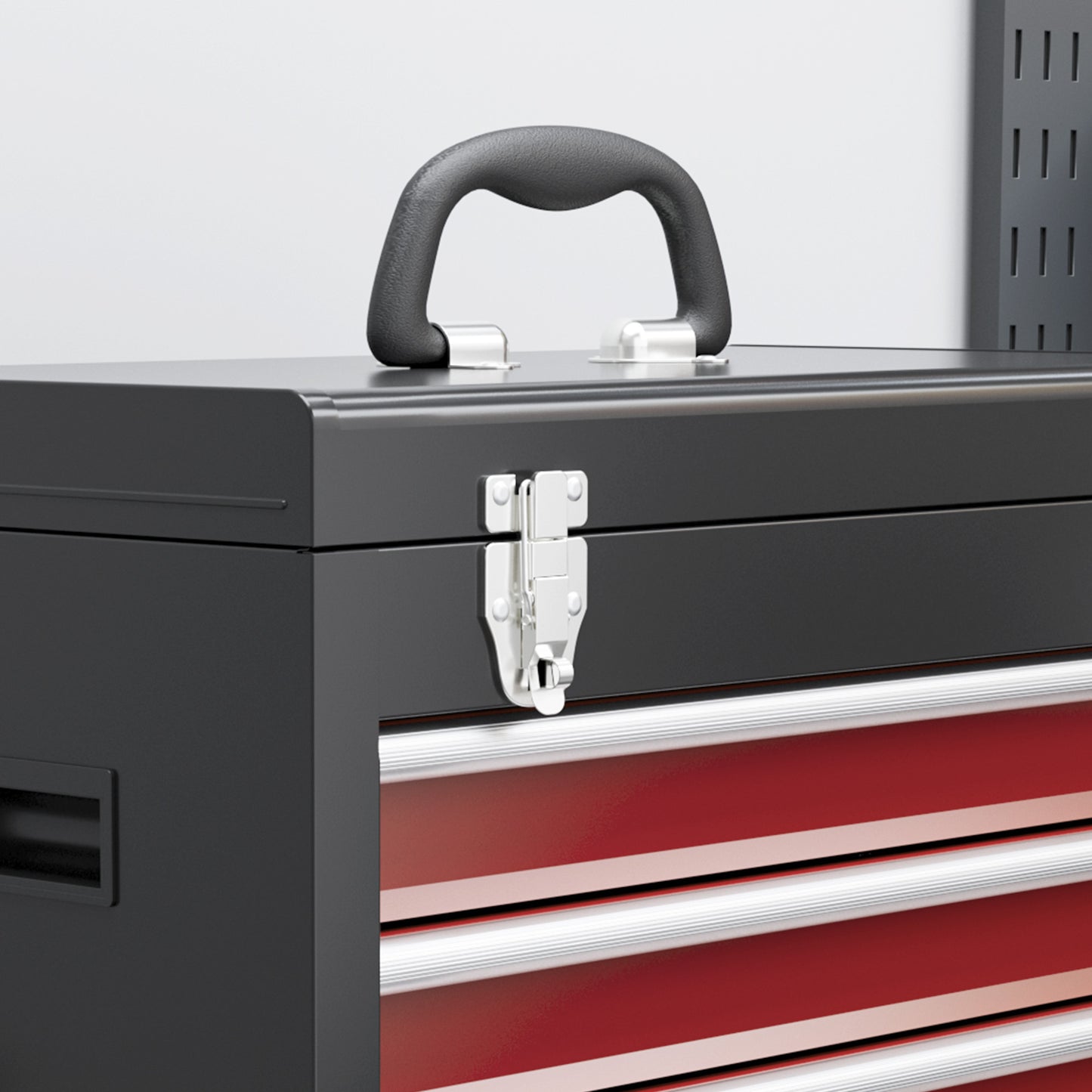 HOMCOM Rollbarer Werkzeugschrank, Stabiler Schrank mit oberer Werkzeugkiste und Schubladen, abschließbar, Metall, Schwarz+Rot