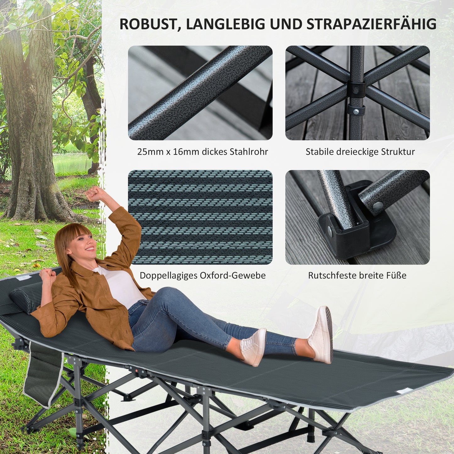 Outsunny Campingbett, klappbares Feldbett mit Kopfkissen, 188 x 64,5 x 53 cm, Grau