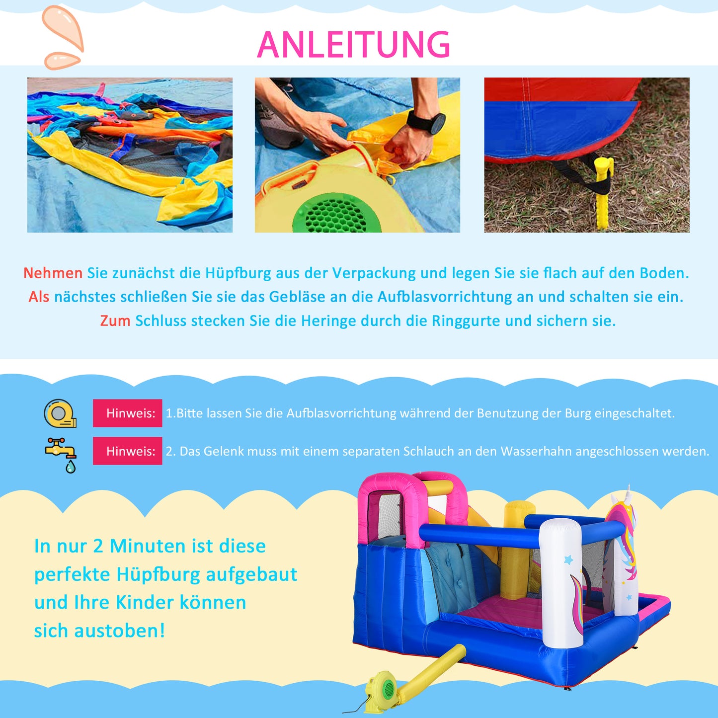 Outsunny Hüpfburg im Märchendesign inkl. Gebläse, Rutsche, Wasserbecken u. Basketballkorb 360 x 305 x 210 cm
