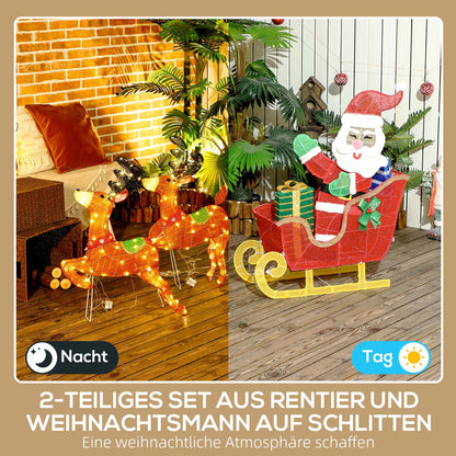 Outsunny Leuchtende Weihnachts-Dekoration, Weihnachtsmann auf Schlitten mit Rentieren, 246 LED-Lichter, Bodenspieße, Mehrfarbig