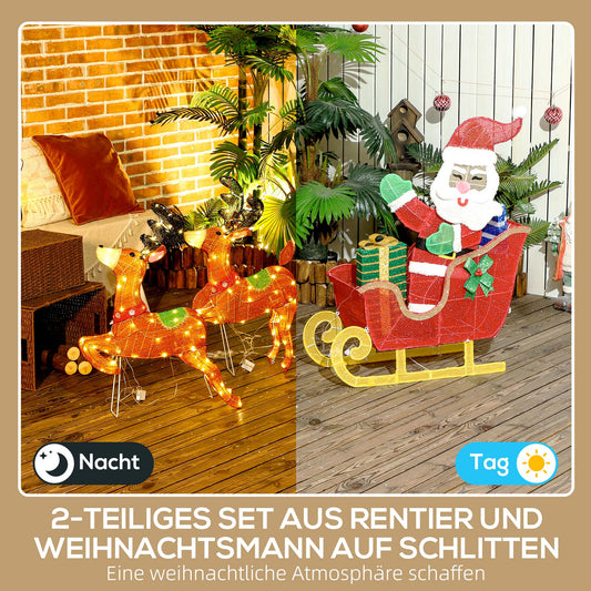 Outsunny Leuchtende Weihnachts-Dekoration, Weihnachtsmann auf Schlitten mit Rentieren, 246 LED-Lichter, Bodenspieße, Mehrfarbig