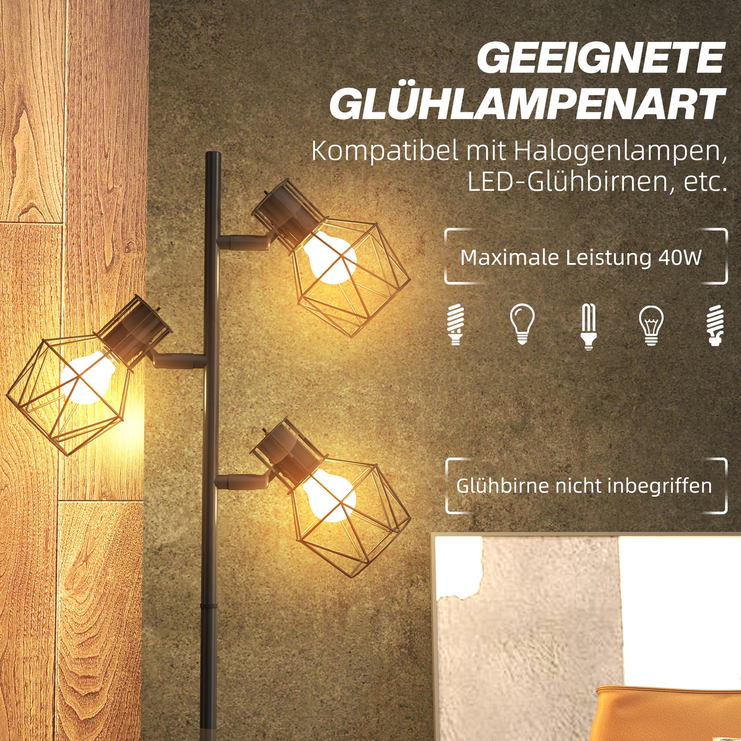 HOMCOM 3-Licht-Stehlampe mit flexiblen Leuchtelementen, baumähnliche Struktur, für Wohnzimmer und Schlafzimmer, Metall, Schwarz