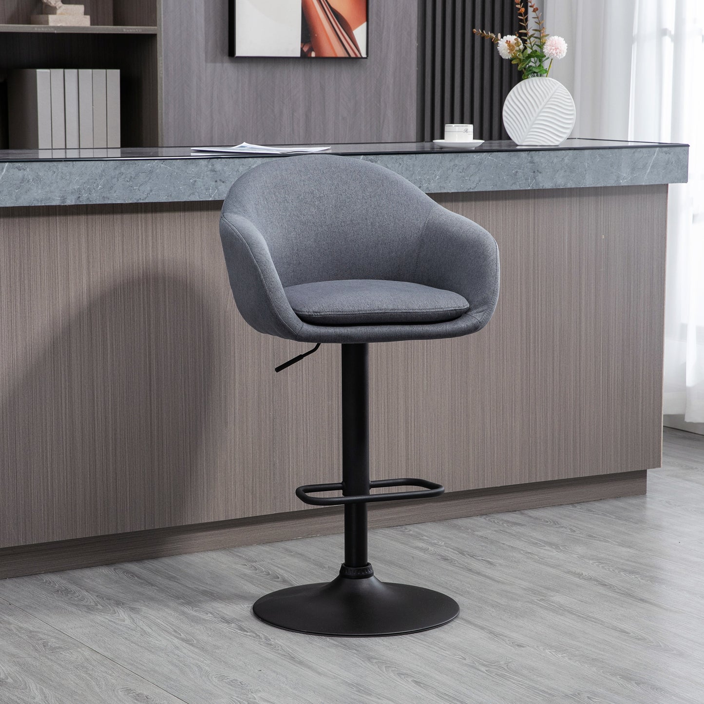 HOMCOM Barhocker höhenverstellbar mit Lehne und mit Fußstütze; Leinenoptik, 54 cm x 54 cm x 112 cm, Grau