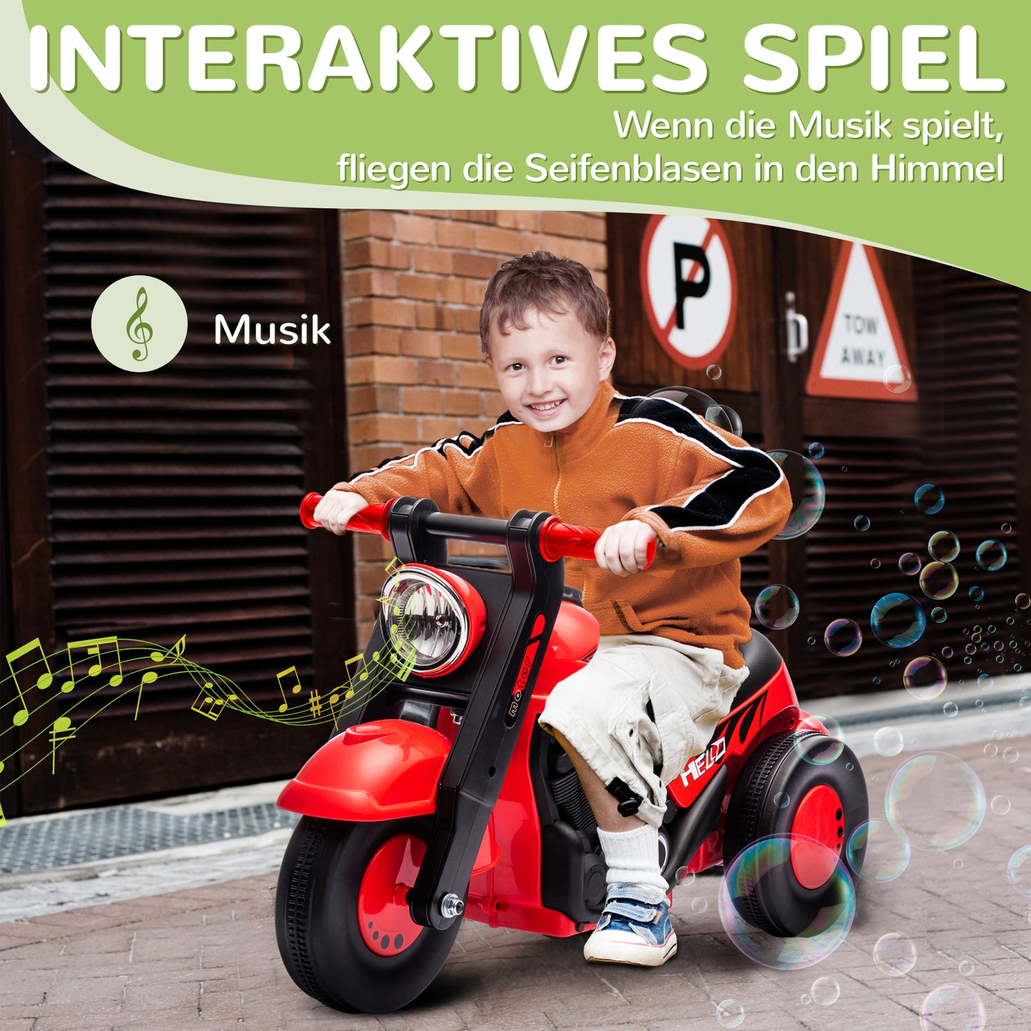 AIYAPLAY Rutschauto, Motorrad-Design, Musik und Seifenblasen, für 2-5 Jahre, Rot