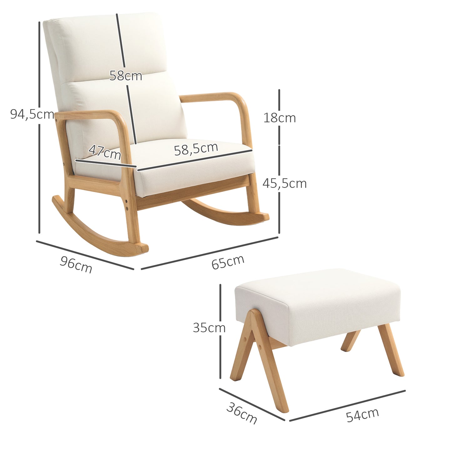 HOMCOM Schaukelstuhl mit Hocker, weiche Polsterung, Leinenoptik, Holzrahmen, Cremeweiß