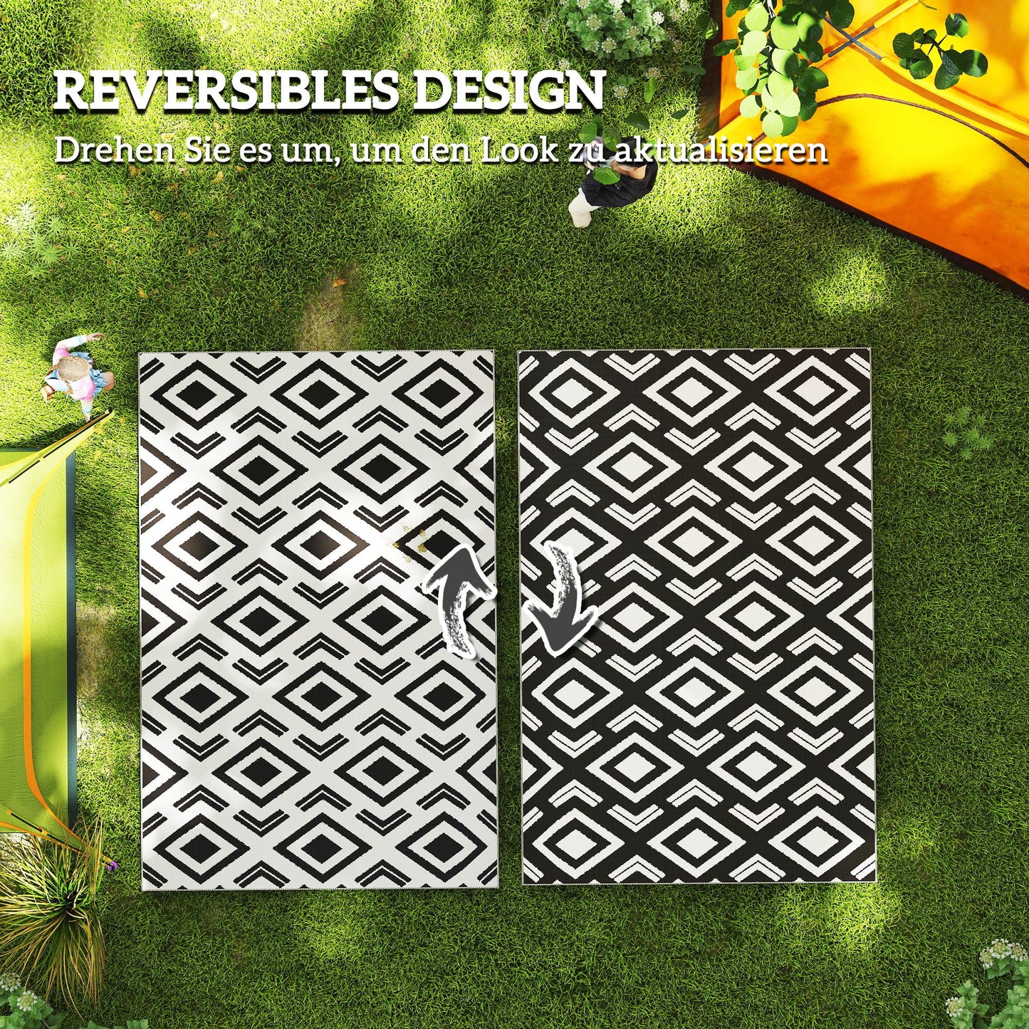 Outsunny Outdoor Teppich robuster Wetterfest Outdoorteppich mit Tragtasche, faltbar Carpet Boho-Style 182 x 274 cm Schwarz+Weiß