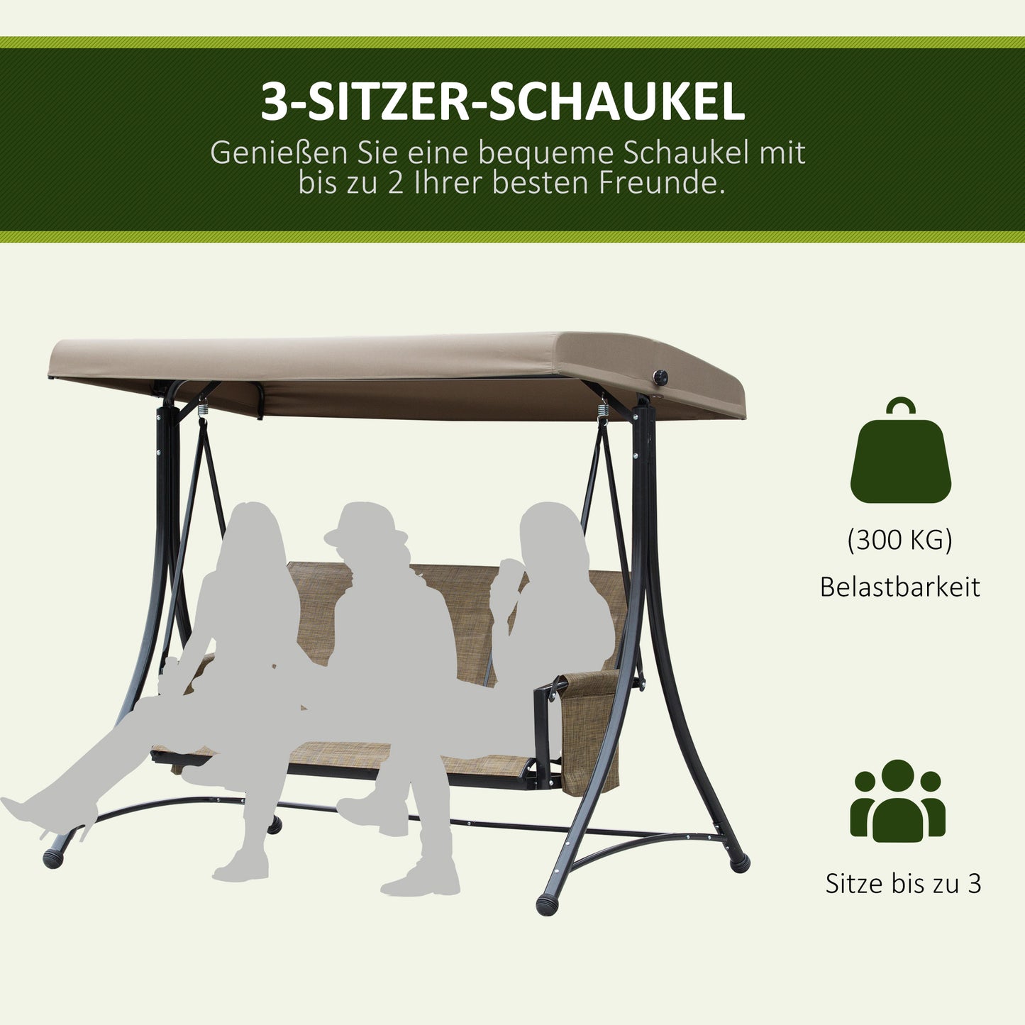 Outsunny 3-Sitzer Hollywoodschaukel, Gartenschaukel mit Sonnendach, Schaukelbank mit Ablage, Aluminium, 196 x 128 x 172 cm, Braun