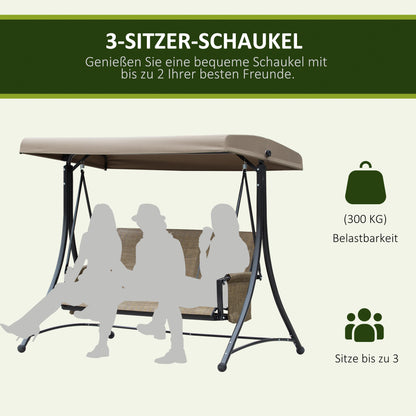 Outsunny 3-Sitzer Hollywoodschaukel, Gartenschaukel mit Sonnendach, Schaukelbank mit Ablage, Aluminium, 196 x 128 x 172 cm, Braun